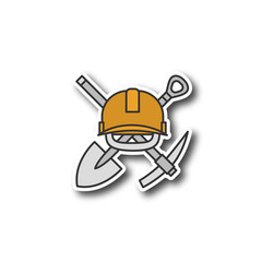 Crossed shovel and pickaxe with hard hat patches