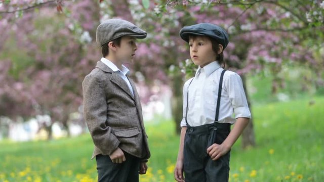 Little preschool boys, cute children, brothers, dressed in vintage style clothes, in a park under blooming trees, looking fashionable, walking away on a path