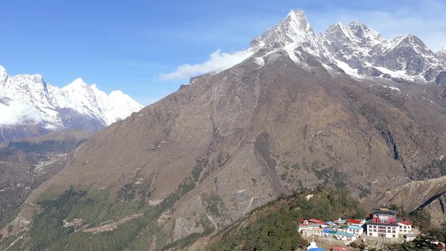 Panorama of Solu Khumbu valley with Tengboche Buddhist temple at sunrise. Nepal, Himalaya mountains.