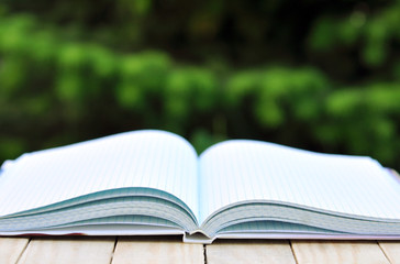 book with open empty white pages on the table over green nature background outdoor