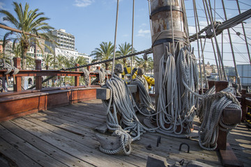 Mast, ropes and rigging on the galleon Neptune built for a Roman Polansky film with a view over the...
