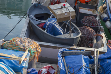 Fototapeta na wymiar Elevated view of fishing boats moored in harbor.