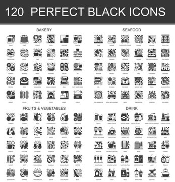 Bakery, seafood, fruits and vegetables, drinks black mini concept icons symbols. Modern vector icon pictogram set.