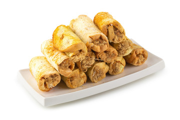 Dried shredded pork and baked bread isolated on a white background