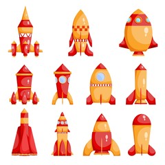 Set of bright red and yellow rockets in a cartoon style on a white background.  Collection of children's toys. Vector illustration