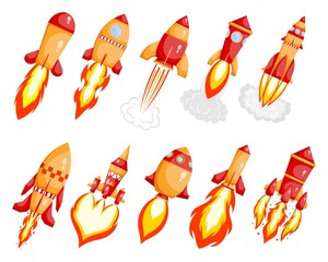 Set Starting rocket on white background. Red Cartoon style Start-up  launcher reactive space rocket with flame. Space transport. Vector illustration