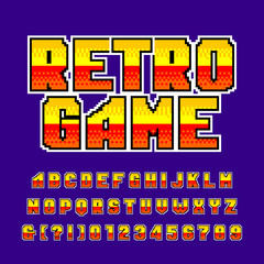 Old game alphabet font. Colorful pixel gradient letters and numbers. Retro 80's video game typeface.