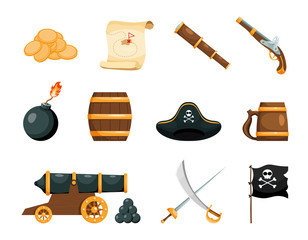 Objects of piracy. Bright objects of the pirate game. Icons on white background. Isolated objects. Vector illustration