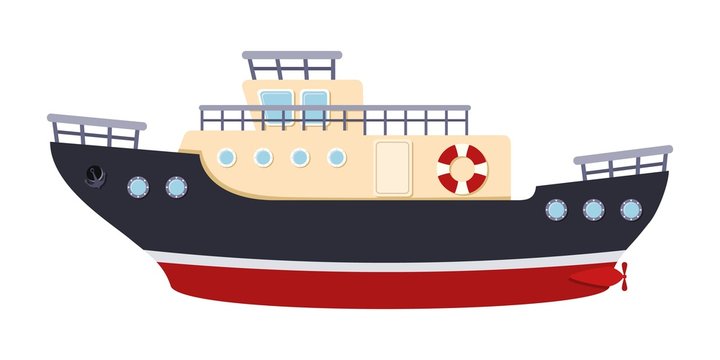 Color image of a ship tug on a white background. Sea transport in a cartoon style. Vector illustration