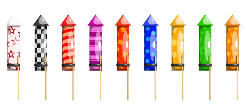 Bright image of a set of firework missiles on a white  background. Festive items for fun and festival. Vector illustration