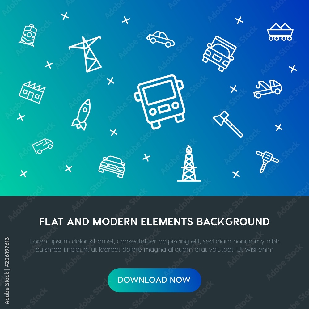 Poster transports, industry outline vector icons and elements background concept on gradient background.mul