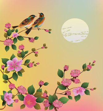 Vector illustration spring. All wakes up, flowers sakura blossom.Postcard 