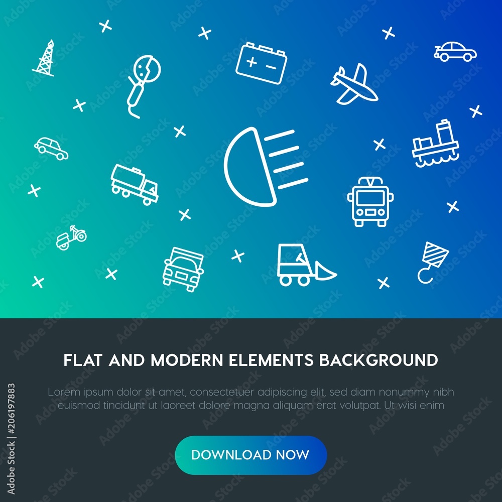Poster transports, industry outline vector icons and elements background concept on gradient background.mul