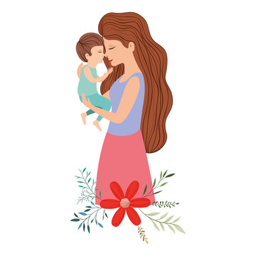 mother lifting son with floral decoration vector illustration design