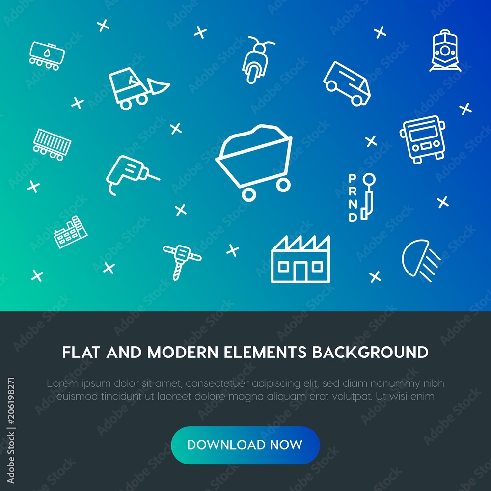Poster transports, industry outline vector icons and elements background concept on gradient background.mul