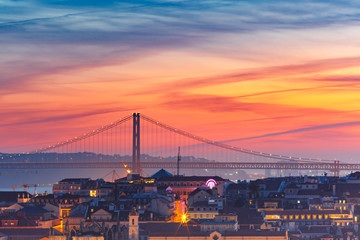 Tagus River and 25 de Abril Bridge at scenic sunset, Lisbon, Portugal