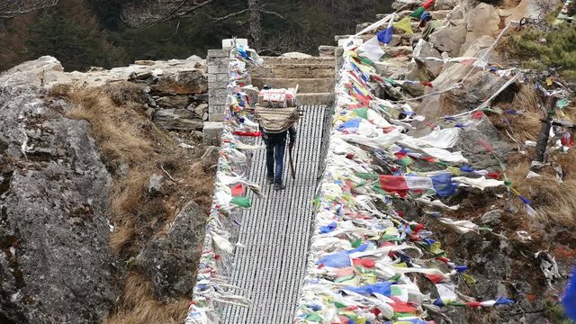 Largest suspension bridge in Solu Khumbu valley with colorful prayer flags, trekking area to the base camp of Everest peak (8848 m).