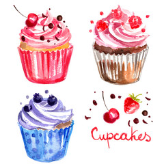 Cupcakes painted with watercolors on white background