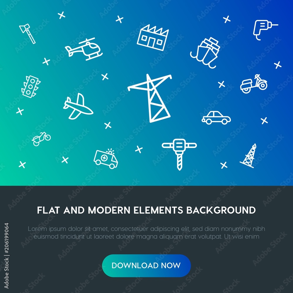 Poster transports, industry outline vector icons and elements background concept on gradient background.mul