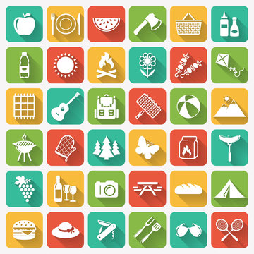 Picnic and barbecue flat icons on colorful square buttons.