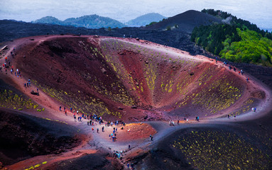 Etna national park panoramic view of volcanic landscape with crater, Catania, Sicily - obrazy, fototapety, plakaty