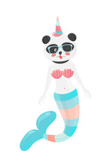 PrintFairy fairytale trendy vector illustration for kids: cute Panda Unicorn Mermaid. Fashionable Panda Unicorn Mermaid.