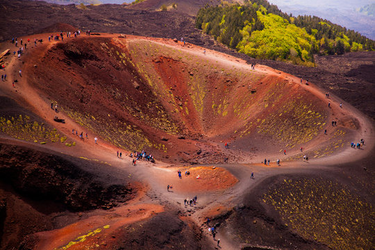 Etna national park panoramic view of volcanic landscape with crater, Catania, Sicily