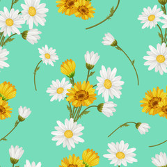 Seamless  pattern with white chamomiles  on light green background. Vector floral illustration for textile, print, wallpapers, wrapping.