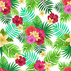 Vector seamless tropical pattern with palm leaves and flowers on white background. Colourful floral illustration for textile, print, wallpapers, wrapping.