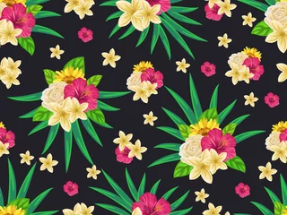 Rolgordijnen Vector seamless tropical pattern with palm leaves and flowers on dark background. Colourful floral illustration for textile, print, wallpapers, wrapping. © Irina