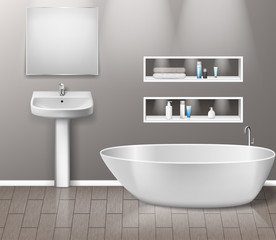 Fototapeta na wymiar Realistic bathroom furniture interior with modern bathroom sink, mirror, shelves, bathtub and decor elements on grey wall with wooden floor. vector illustration