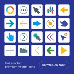 Modern Simple Set of arrows, charts, video, cursors Vector flat Icons. Contains such Icons as  next,  sign,  camera,  concept,  television and more on blue background. Fully Editable. Pixel Perfect