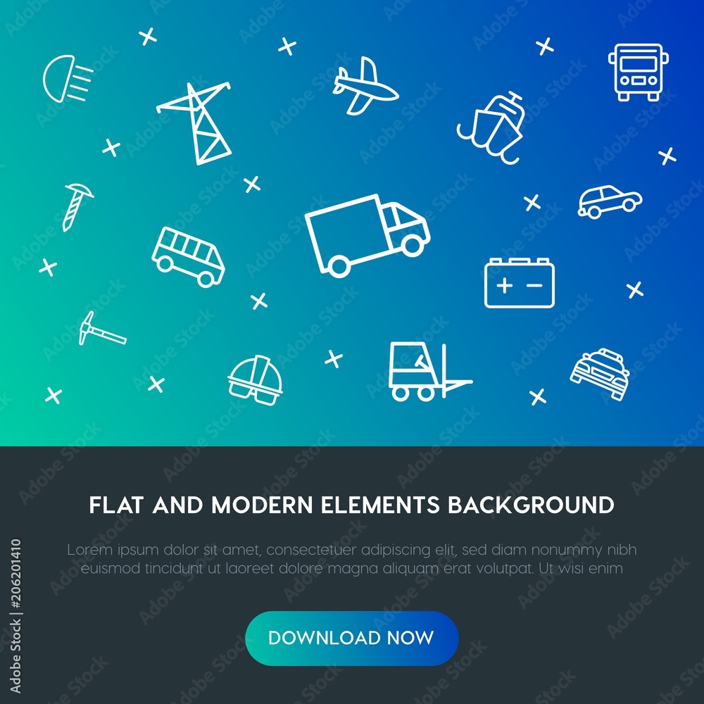 Poster transports, industry outline vector icons and elements background concept on gradient background.mul