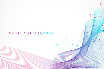 Geometric abstract background with connected lines and dots. Wave flow. Molecule and communication background. Graphic background for your design. Vector illustration. - obrazy, fototapety, plakaty