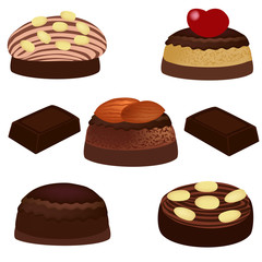 Chocolate and chocolate candies with nuts. Sweet candies isolated on white background. Vector illustration.