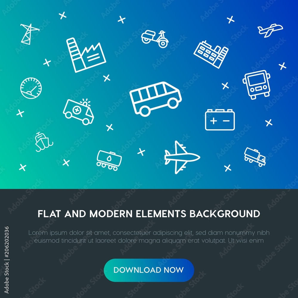 Poster transports, industry outline vector icons and elements background concept on gradient background.mul