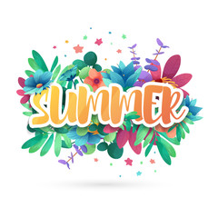 Design symbol for summep. Banner with flower logo and leaf for summer promotion and sale. Nature floral decoration layout template. Vector