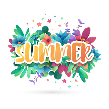 Design symbol for summep. Banner with flower logo and leaf for summer promotion and sale. Nature floral decoration layout template. Vector