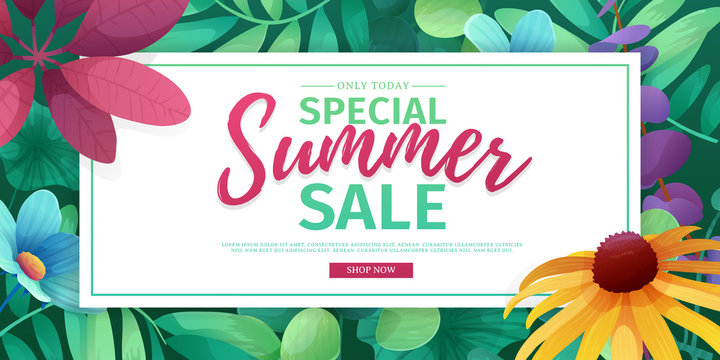 Template design banner for summer offer. Special sale advertising with floral frame. Summer advertising logo on flower background. Vector