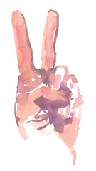 Hand showing peace sign painted in watercolor on clean white background
