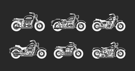 set vintage motorcycles white silhouettes. isolated on black background