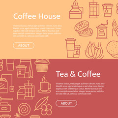 Vector tea and coffee linear icons horizontal web banner templates illustration
