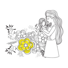 mother lifting daughter with floral decoration vector illustration design