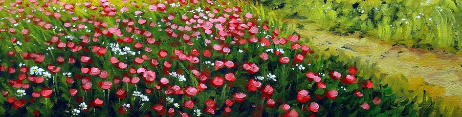 Oil paintings rural landscape, field, poppies