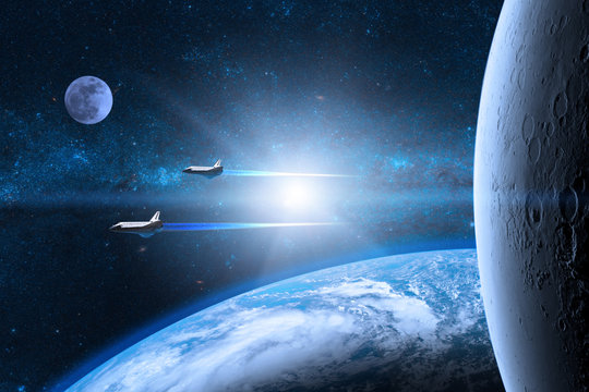 Blue planet Earth. Space shuttles taking off on a mission. Elements of this image furnished by NASA. - Powered by Adobe