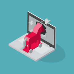 Trojan virus vector symbol with laptop and red trojan horse isolated on blue background. Flat design, easy to use for your website or presentation. - obrazy, fototapety, plakaty