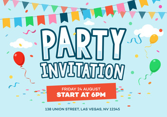Happy birthday party card invitation template with flags balloons, and ribbons isolated on light blue background. Vector illustration. © tomasknopp