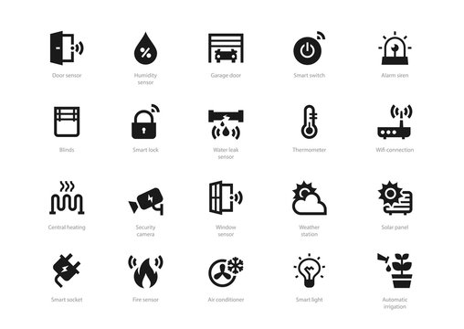Set of black solid smart home icons isolated on light background. Contains such icons Smart lock, Thermometer, Garage door, Air conditioner, Automatic irrigation and more.
