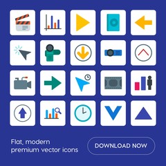 Modern Simple Set of arrows, charts, video, cursors Vector flat Icons. Contains such Icons as graph, research,  arrow,  time,  businessman and more on blue background. Fully Editable. Pixel Perfect