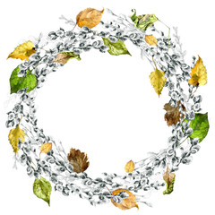 Festive, spring, fruit, berry, forest, meadow, field, village wreath. Watercolor. Graphic arts. Illustration